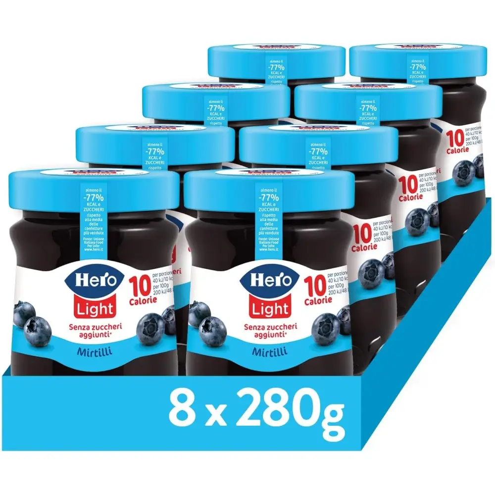 Hero Light Confettura di Mirtilli Light, 8 Vasetti da 280 gr