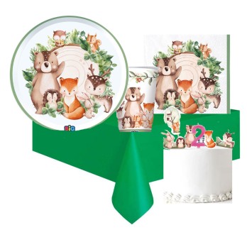 Kit 6 persone animaletti del bosco wood animals con picks torta e candelina