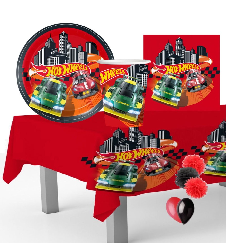 Kit Hot Wheels per 8 persone con fluffy e palloncini