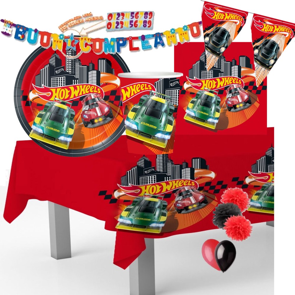 Kit Hot Wheels per 40 persone con bandierina e ghirlanda