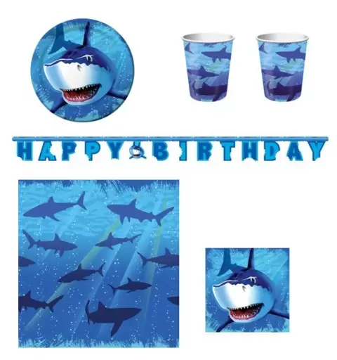  KIT N 13 COORDINATO COMPLEANNO SQUALI SHARK SPLASH SQUALO BAMBINI ADULTI