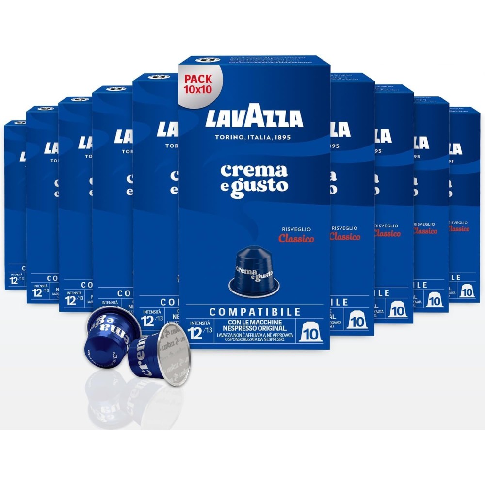 Lavazza, Crema e Gusto Classico, 100 Capsule in Alluminio Compatibili con Macchine Nespresso Original 10 Pack