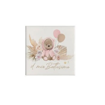 10 Mattonelle magneti Battesimo Personalizzabili orsetto pampas rosa
