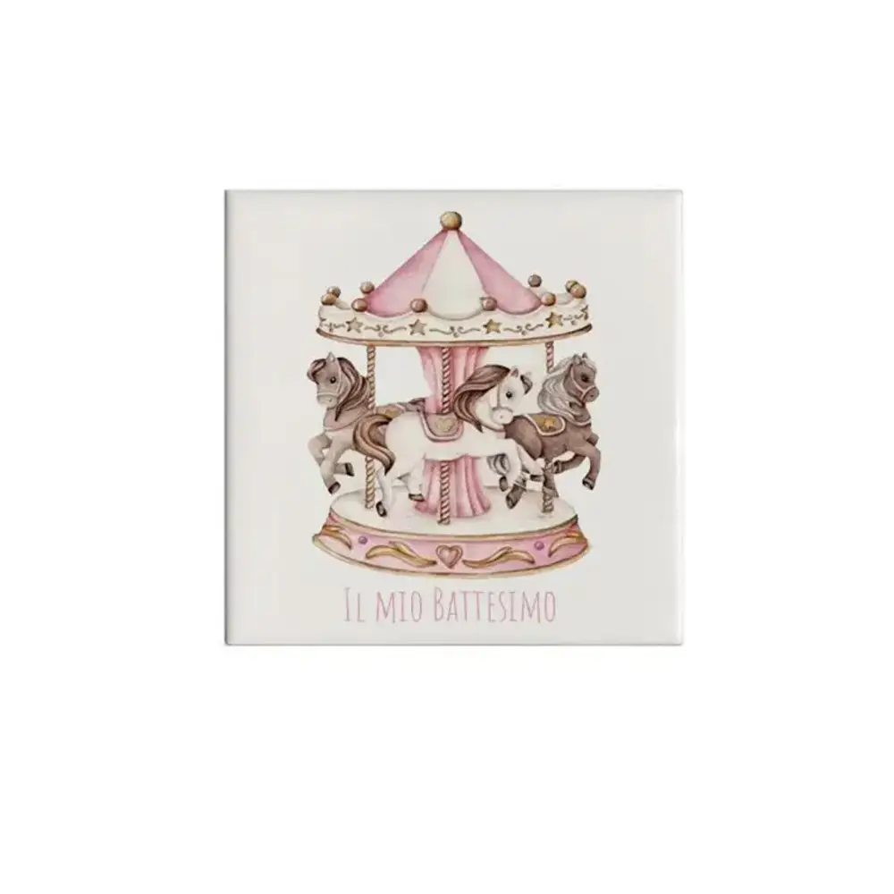 10 Mattonelle magneti Battesimo Personalizzabili giostra carousel rosa
