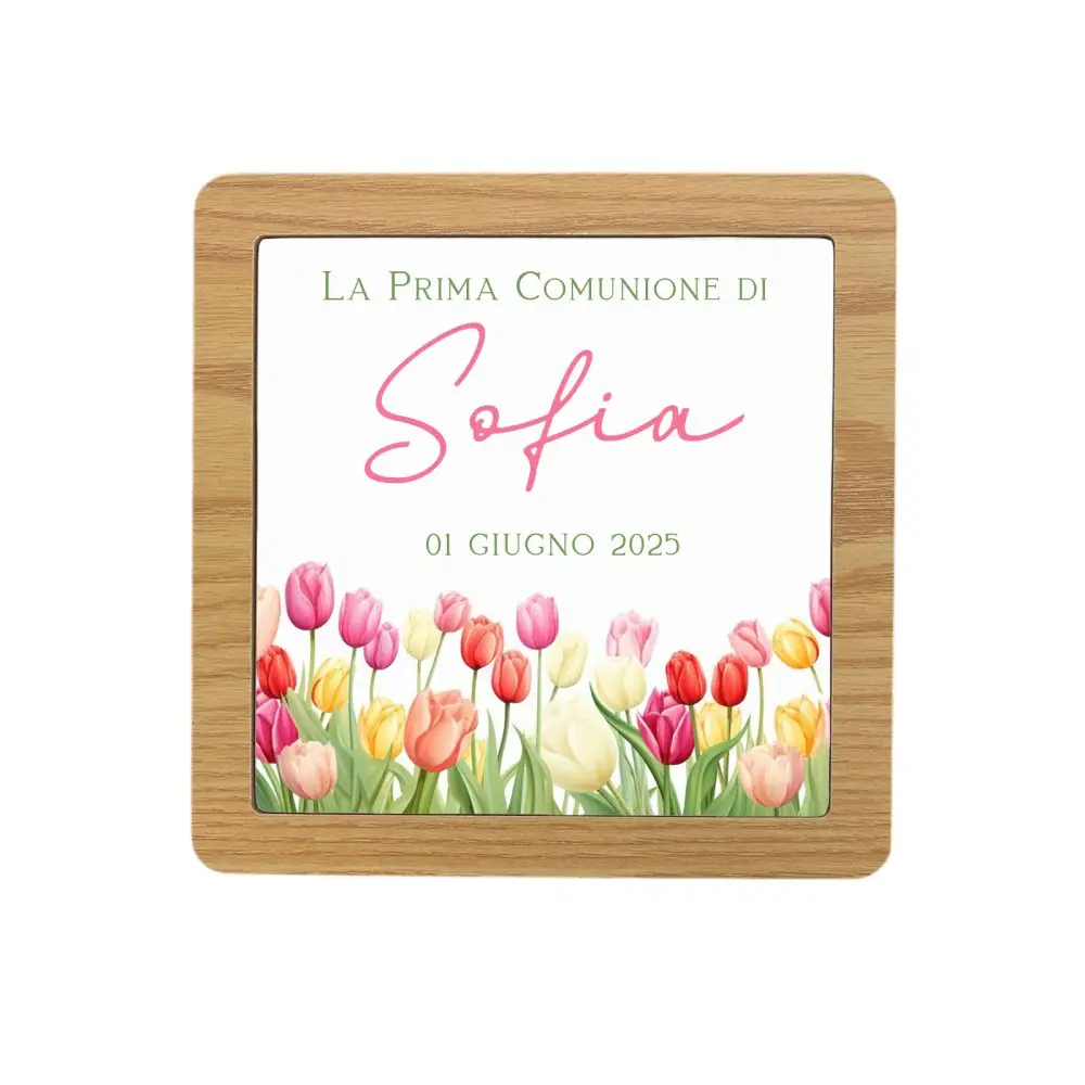 Sottopentola legno con mattonella in ceramica Tulipani personalizzabile