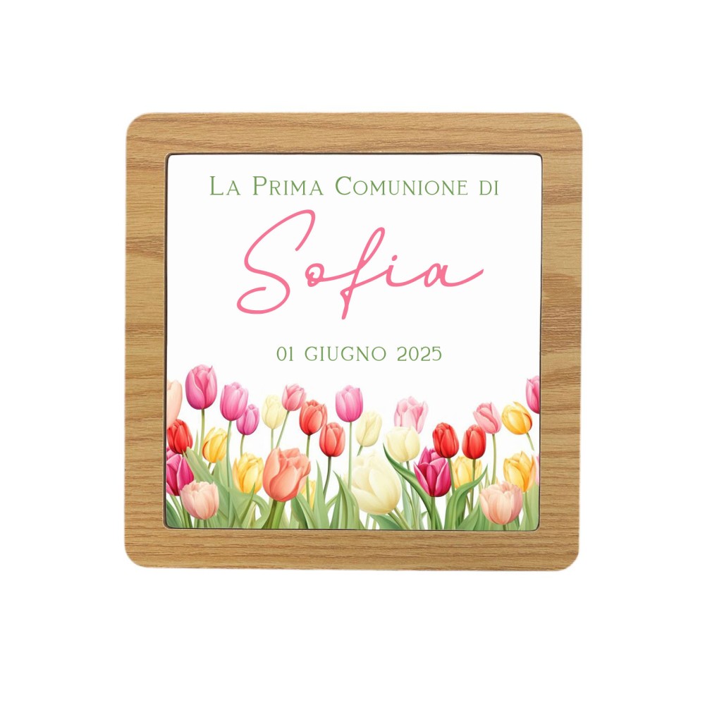 6 Sottopentola legno con mattonella in ceramica Tulipani personalizzabile
