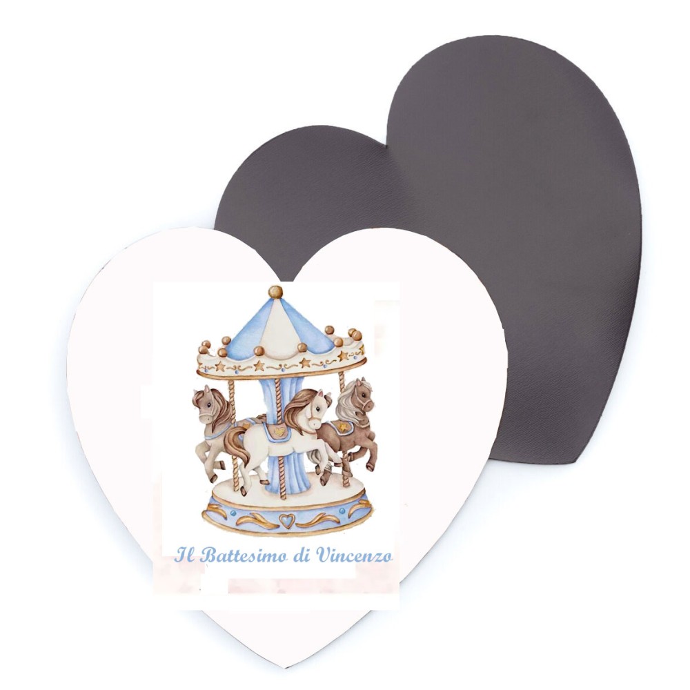 10 magneti Cuore Personalizzabili 5 cm Battesimo Carousel celeste