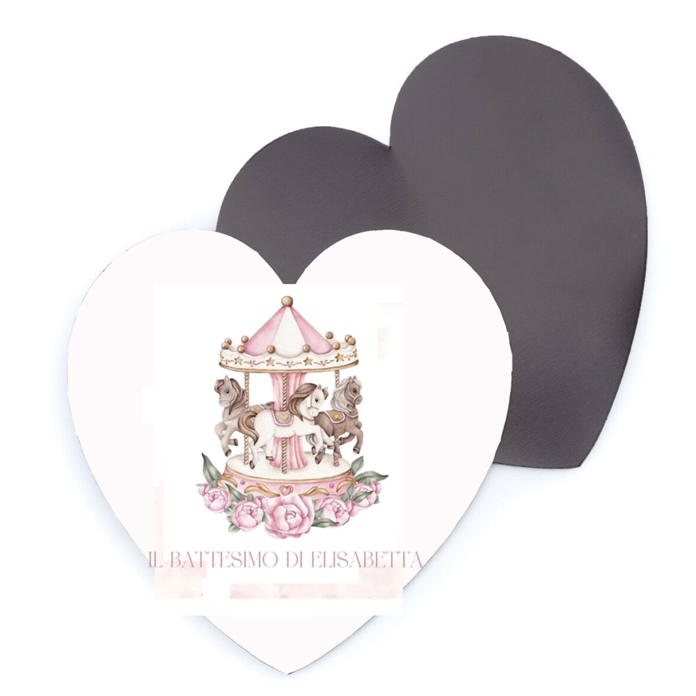 10 magneti Cuore Personalizzabili 5 cm Battesimo Carousel rosa