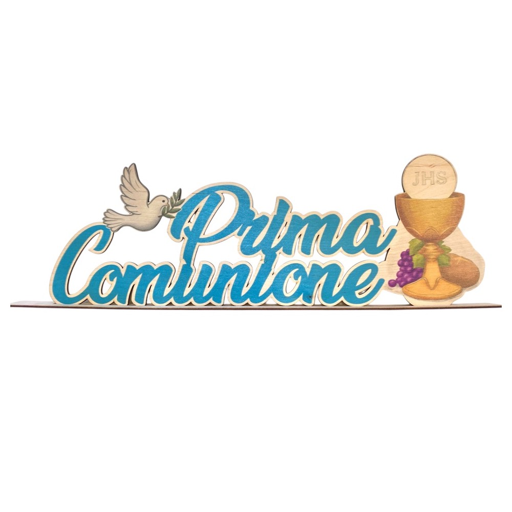 Scritta in legno Prima comunione celeste