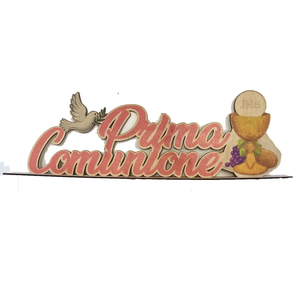 Scritta in legno Prima comunione rosa