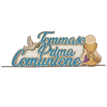 Scritta in legno Prima comunione celeste personalizzabile