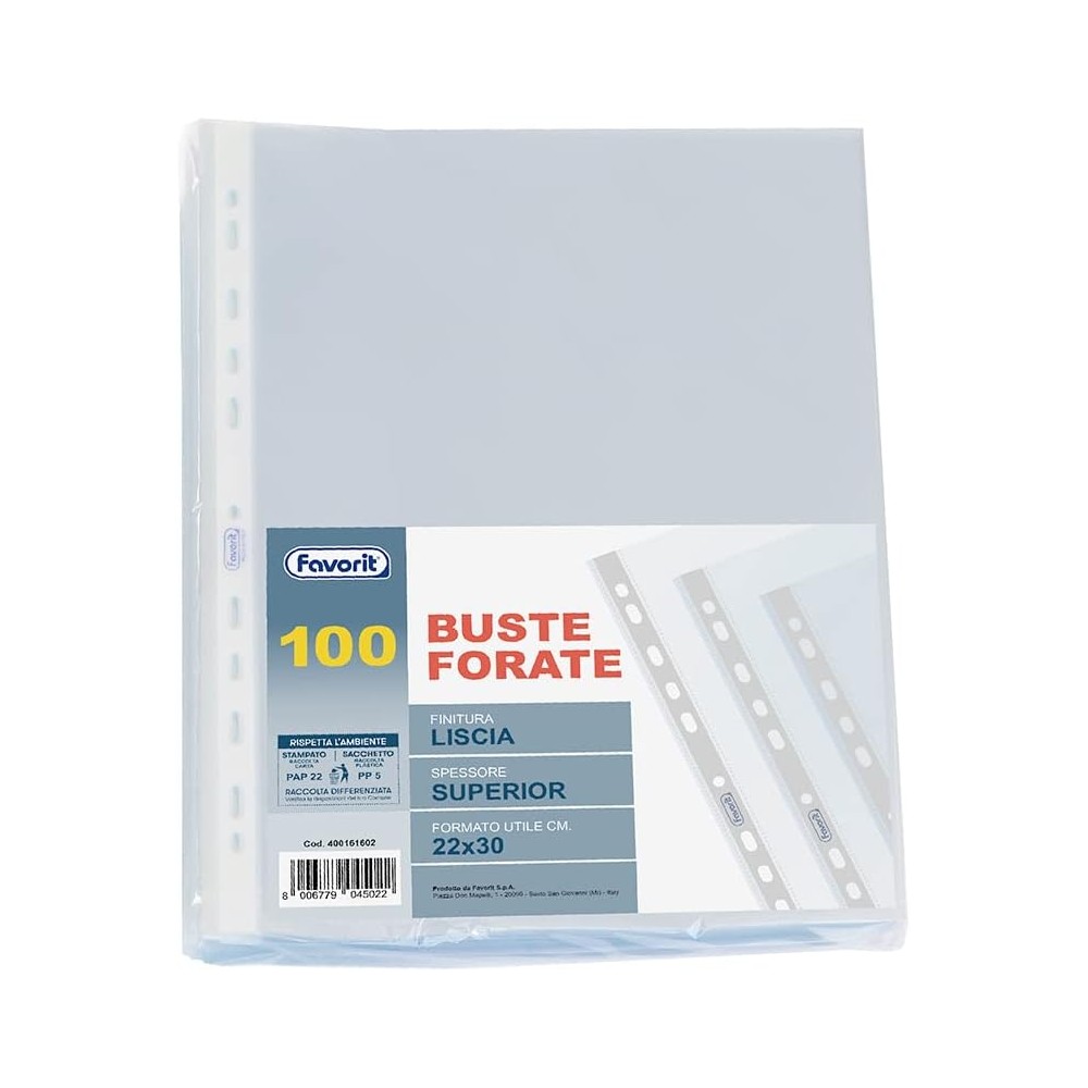 Favorit Buste Perforate, Lucide, Alto Spessore, 22 x 30 cm, 100 Pezzi, Trasparenti