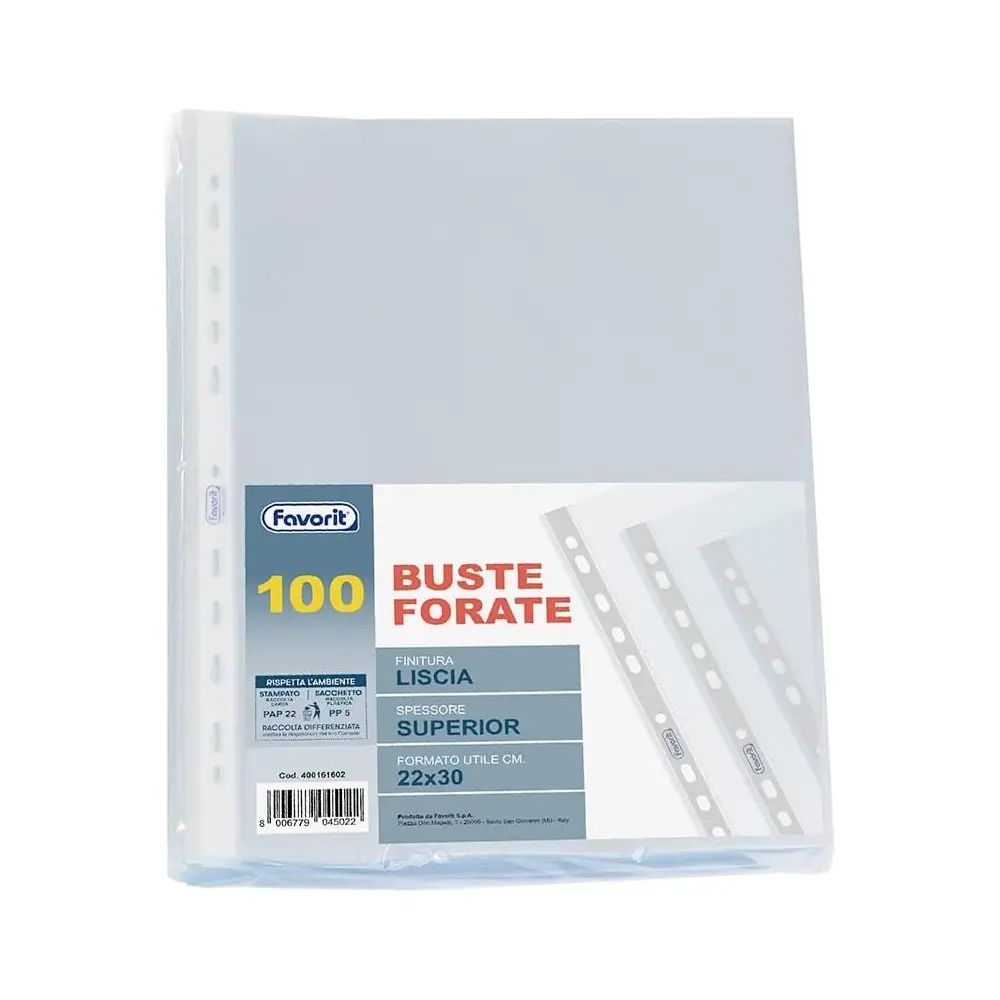 Favorit Buste Perforate, Lucide, Alto Spessore, 22 x 30 cm, 100 Pezzi, Trasparenti
