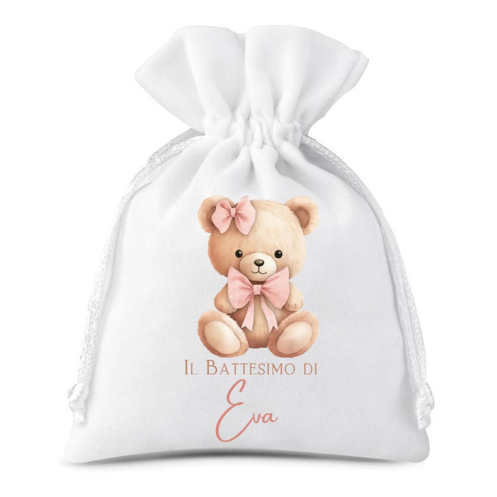 10 Sacchetti Orsetta Fiocco rosa personalizzabili