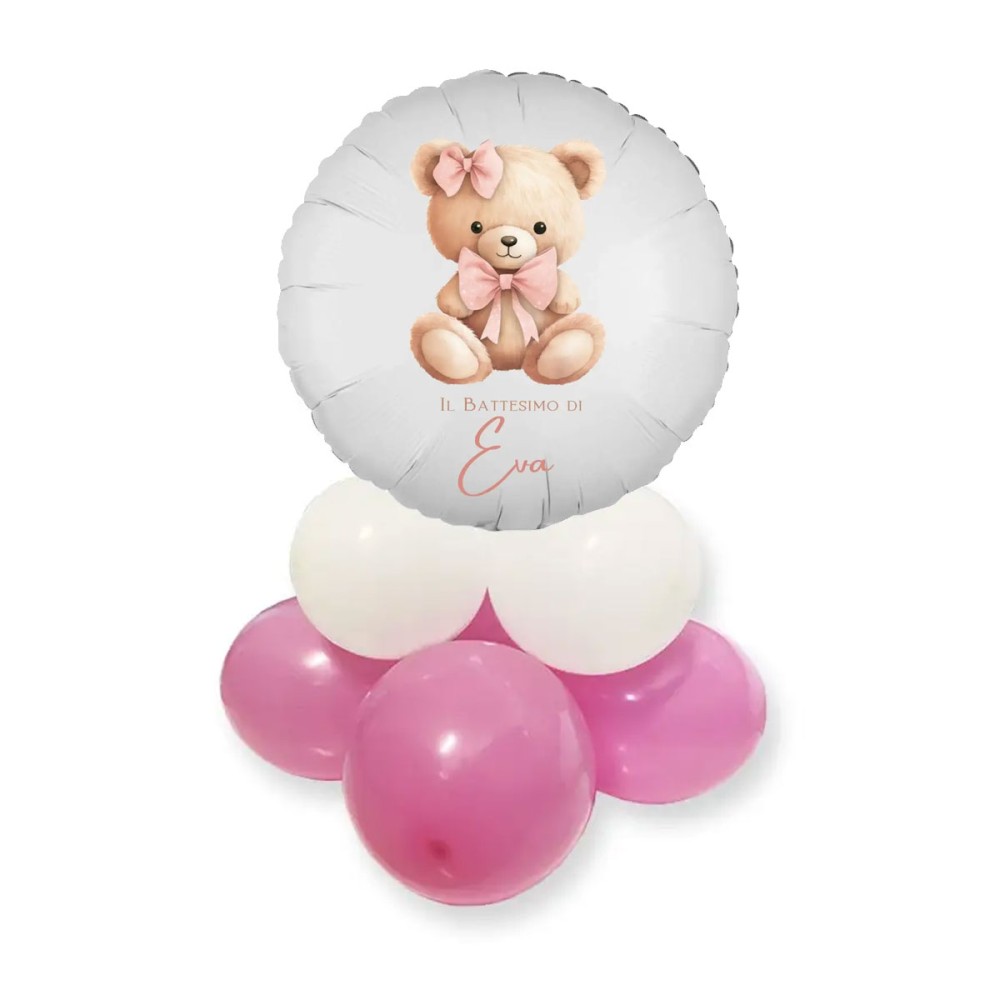 Centrotavola con Palloncino Foil Orsetta fiocco rosa personalizzabile
