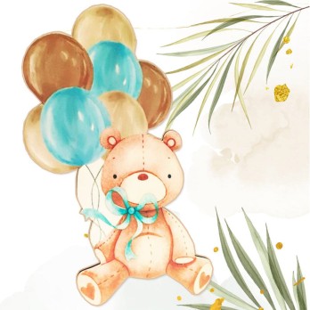 Sagoma in MDF orsetto palloncini celeste - 85 cm con supporto