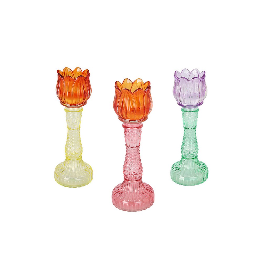 Porta candele in vetro Tulipano - 3 Colori Assortiti e casuali 392372 8,5 × 8,5 × 24 cm