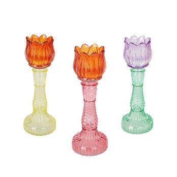 Porta candele in vetro Tulipano - 3 Colori Assortiti e casuali 392372 8,5 × 8,5 × 24 cm