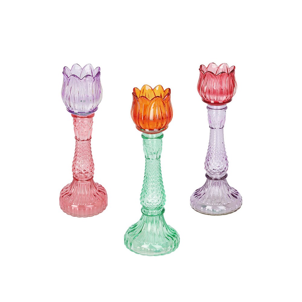 Porta candele in vetro Tulipano - 3 Colori Assortiti e casuali 392389 10 x 10 x 29 cm