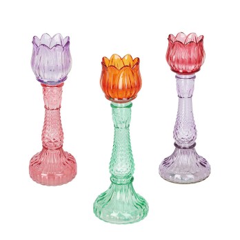 Porta candele in vetro Tulipano - 3 Colori Assortiti e casuali 392389 10 x 10 x 29 cm
