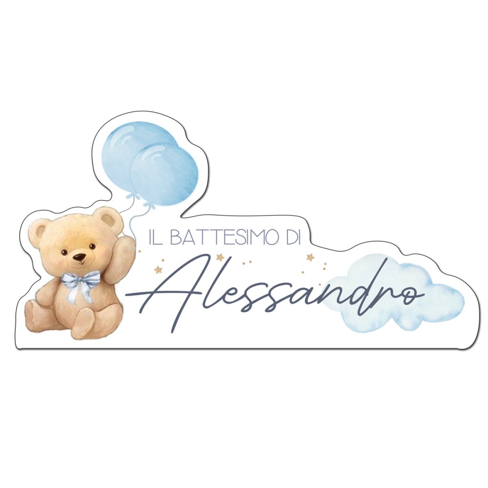 Scritta MDF Battesimo Teddy celeste personalizzabile