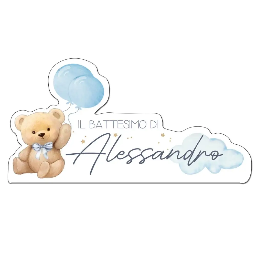 Scritta MDF Battesimo Teddy celeste personalizzabile