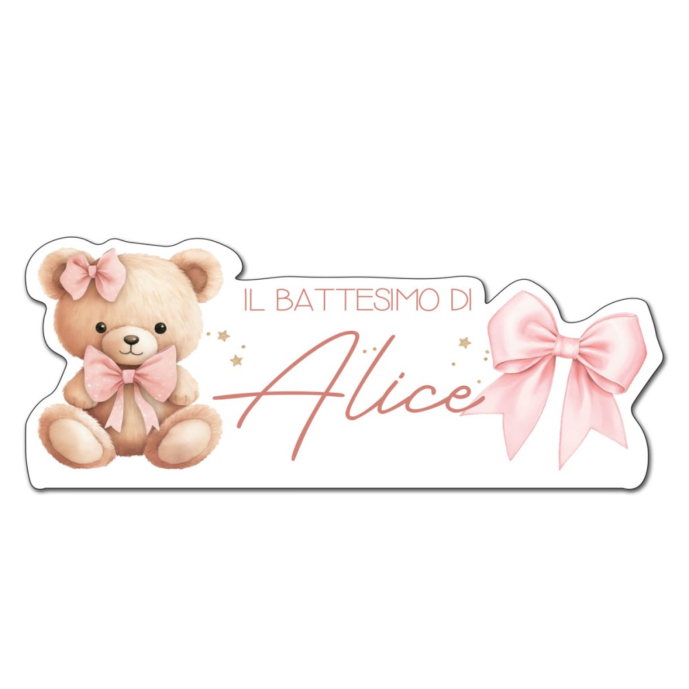 Scritta MDF Battesimo Orsetta con fiocco rosa personalizzabile