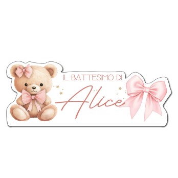 Scritta MDF Battesimo Orsetta con fiocco rosa personalizzabile