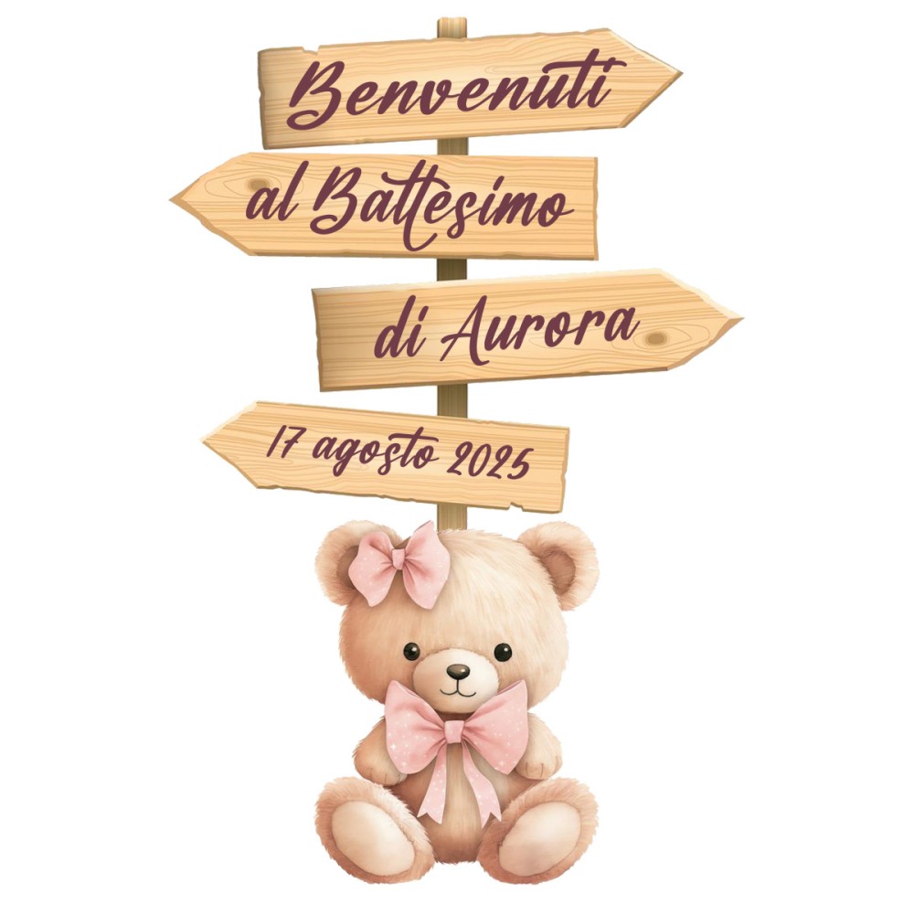 Sagoma in MDF Orsetta fiocco rosa con frecce - 85 cm con supporto
