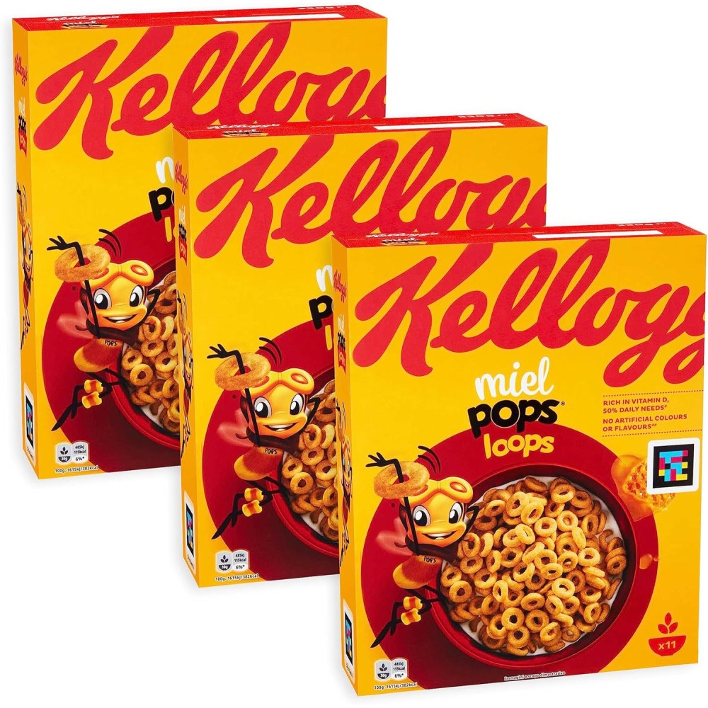 3X Miel Pops Loops Anellini di Cereali Integrali al Miele con Vitamine e Minerali 330g [3 Confezioni]