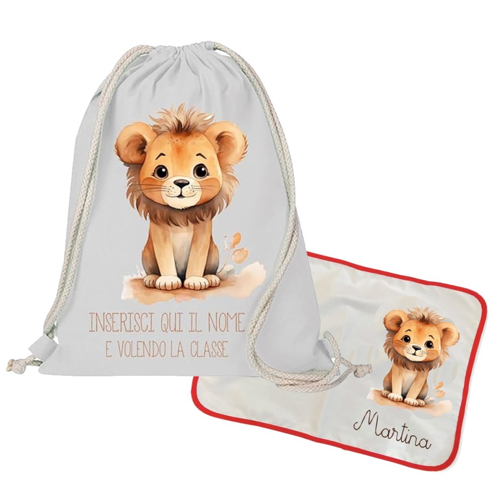 Sacca Zaino in cotone + tovaglietta americana Leoncino personalizzabili