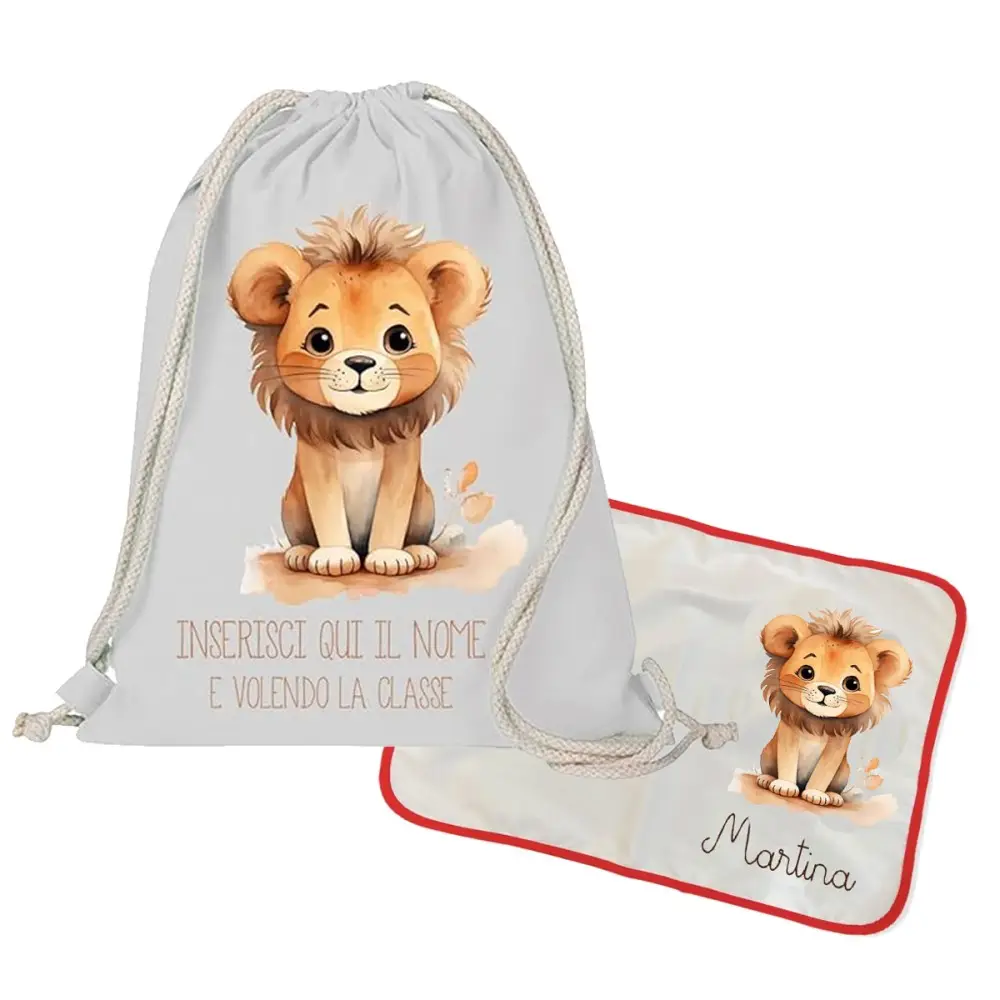 Sacca Zaino in cotone + tovaglietta americana Leoncino personalizzabili