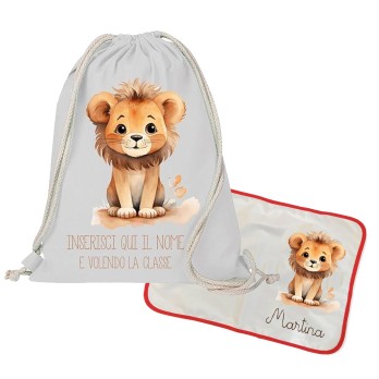 Sacca Zaino in cotone + tovaglietta americana Leoncino personalizzabili