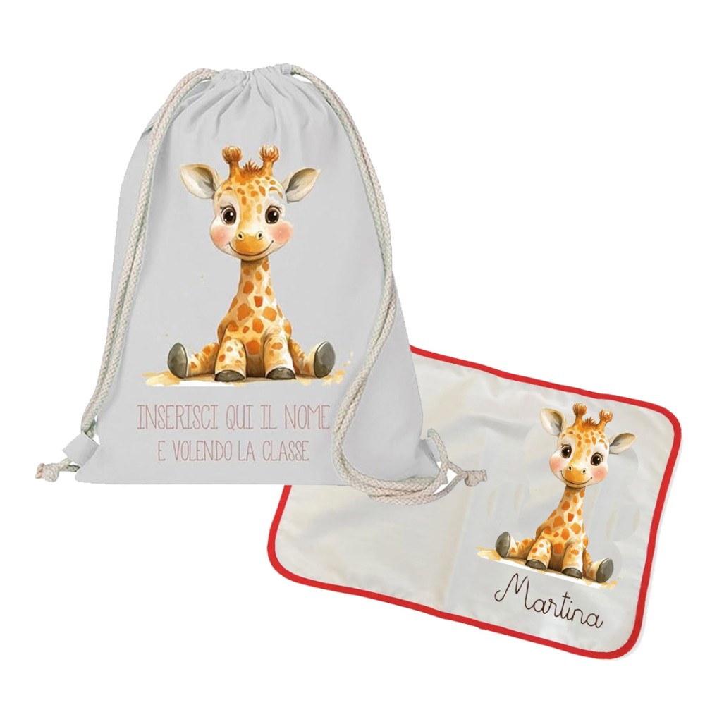 Sacca Zaino in cotone + tovaglietta americana Giraffa personalizzabili