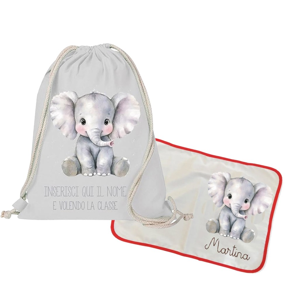 Sacca Zaino in cotone + tovaglietta americana Elefante personalizzabili