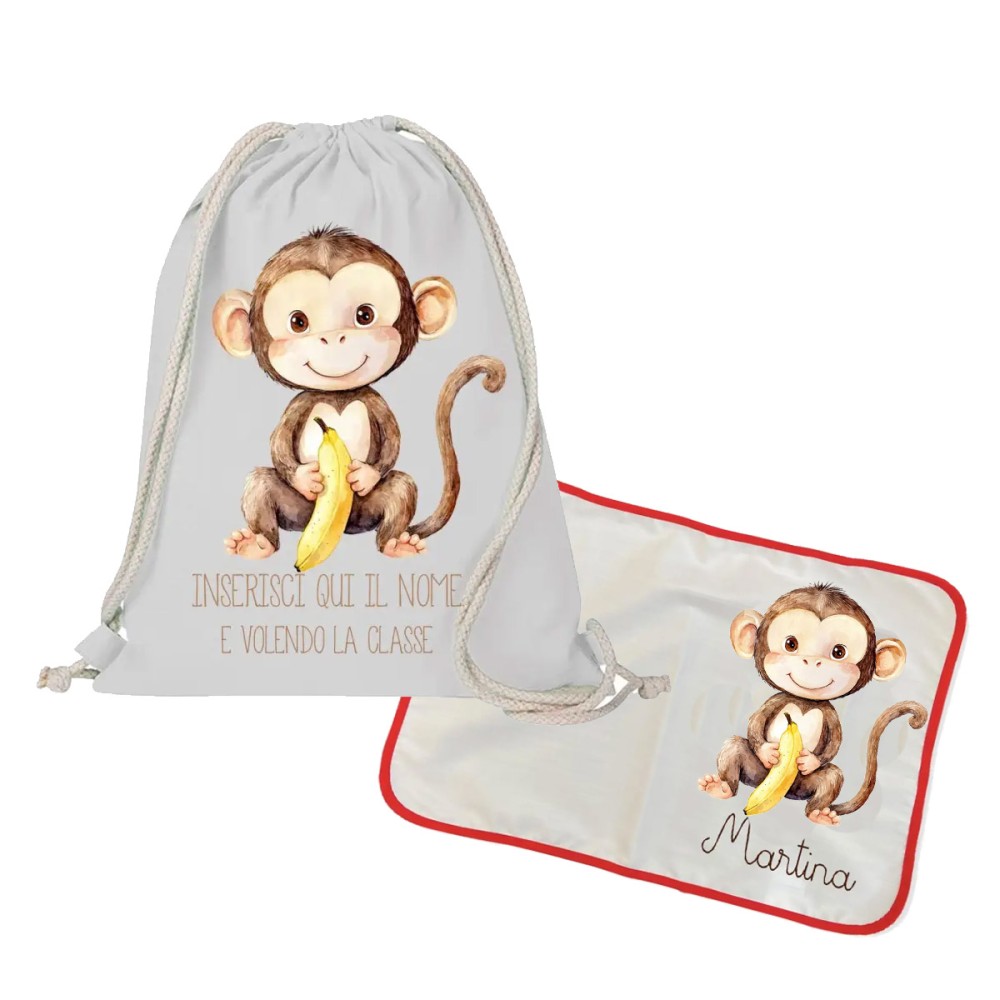 Sacca Zaino in cotone + tovaglietta americana Scimmietta personalizzabili