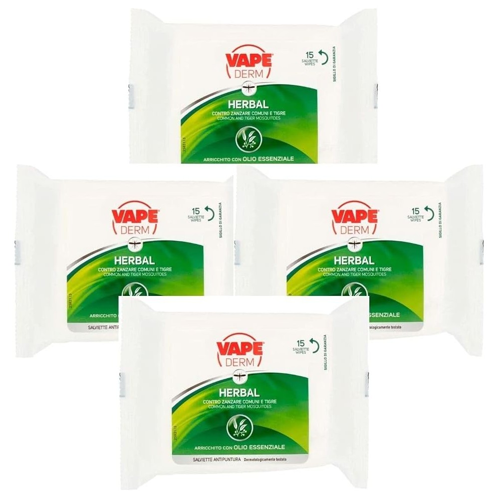 Vape Derm Herbal Antipuntare Zanzare 4 Confezioni da 15 Salviette Olio Essenziale