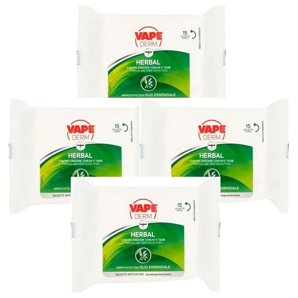 Vape Derm Herbal Antipuntare Zanzare 4 Confezioni da 15 Salviette Olio Essenziale