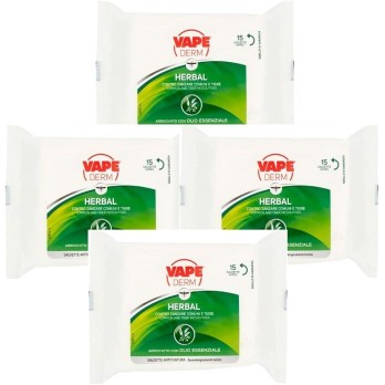 Vape Derm Herbal Antipuntare Zanzare 4 Confezioni da 15 Salviette Olio Essenziale