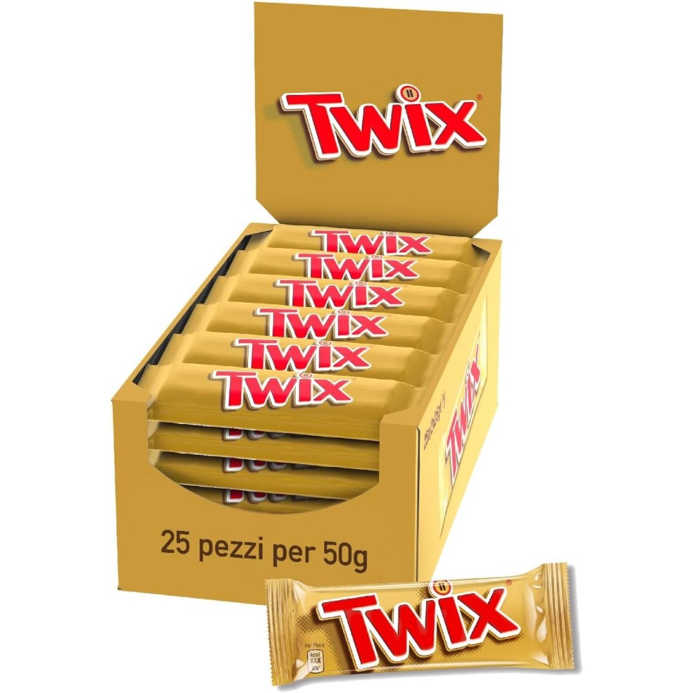Twix, Barretta Snack con Biscotto Gustoso e Croccante Con Caramello Ricoperto di Cioccolato al Latte, 25 barrette x50g (1250g)