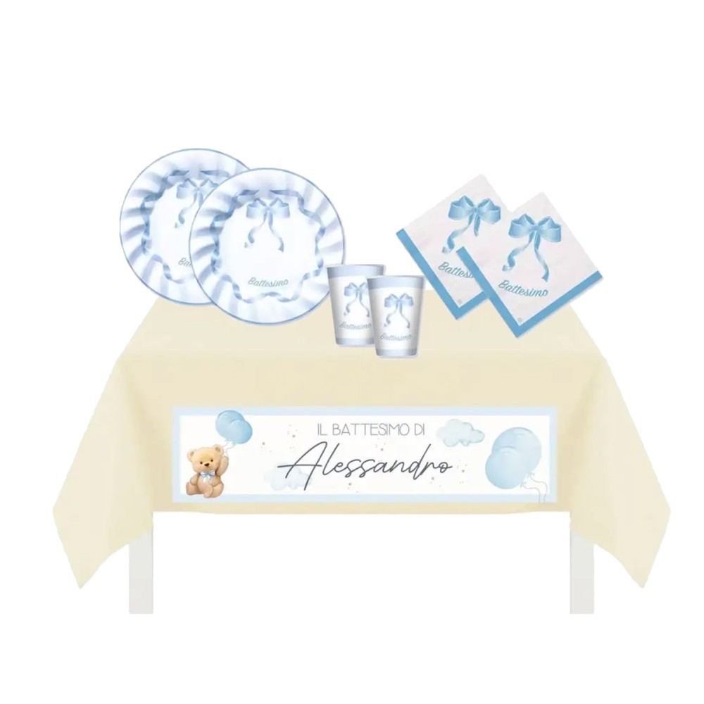 Kit 8 persone con Tovaglia TNT personalizzabile Battesimo celeste