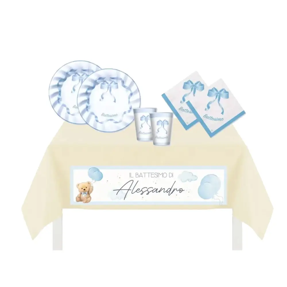 Kit 8 persone con Tovaglia TNT personalizzabile Battesimo celeste