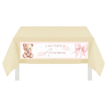 Tovaglia TNT con stampa personalizzabile Battesimo Orsetta fiocco rosa