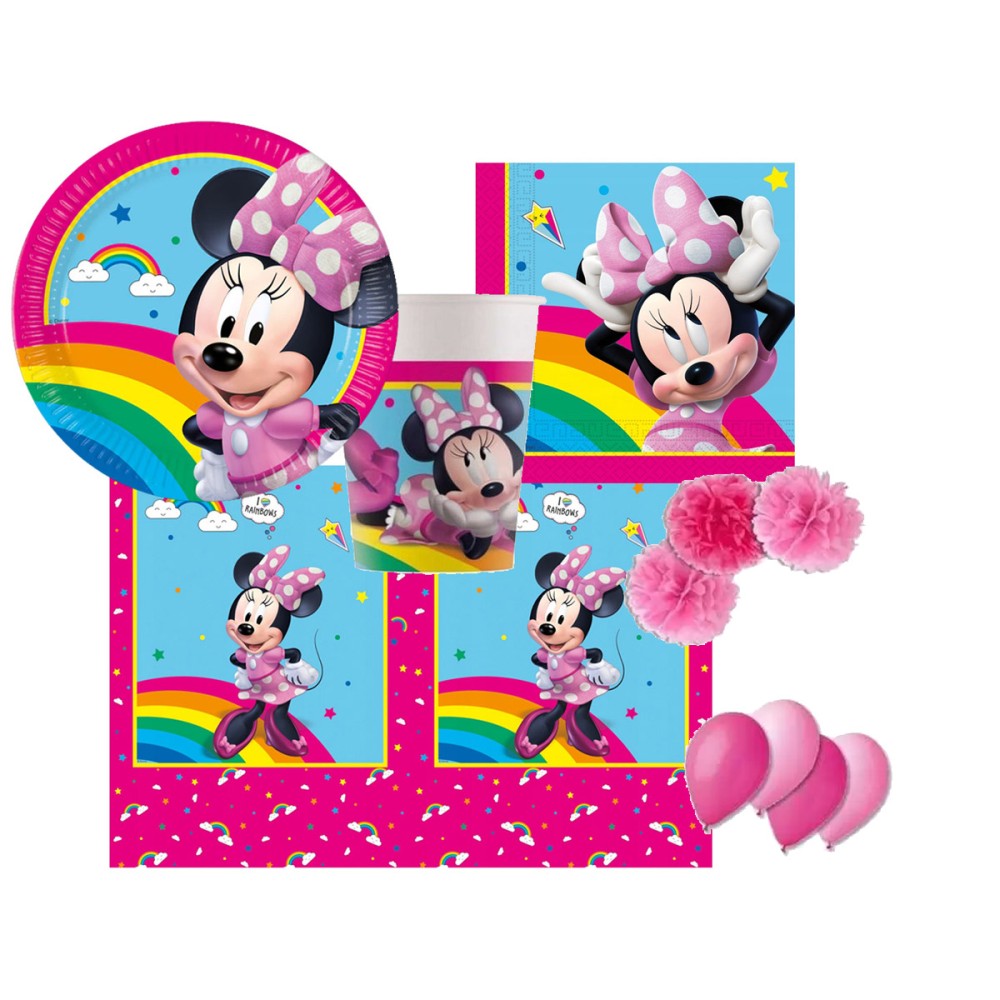 kit compleanno per 8 persone Minnie con palloncini e fluffy