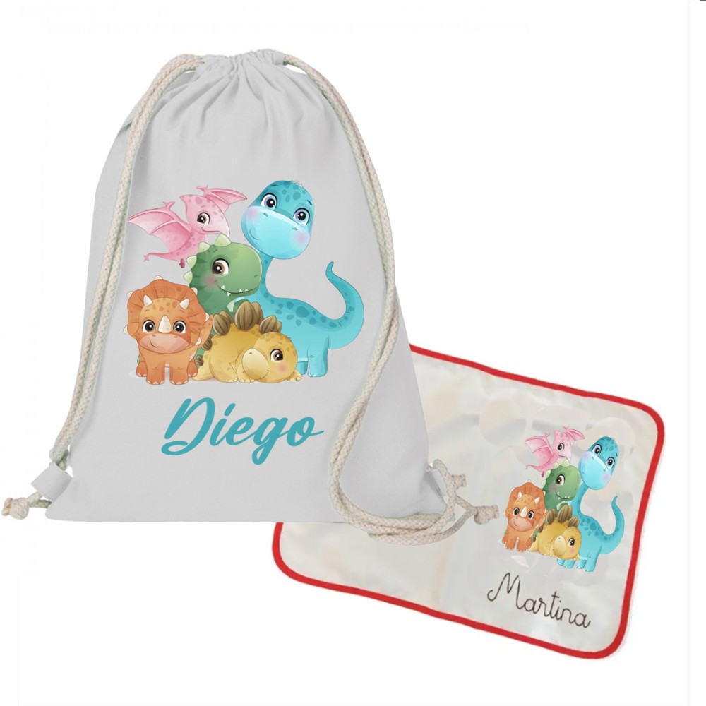 Sacca Zaino in cotone + tovaglietta americana Baby Dino personalizzabili