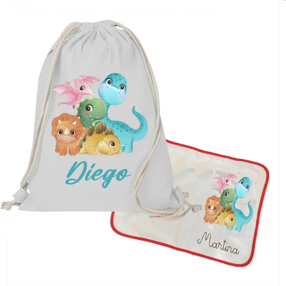 Sacca Zaino in cotone + tovaglietta americana Baby Dino personalizzabili