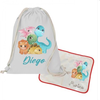 Sacca Zaino in cotone + tovaglietta americana Baby Dino personalizzabili