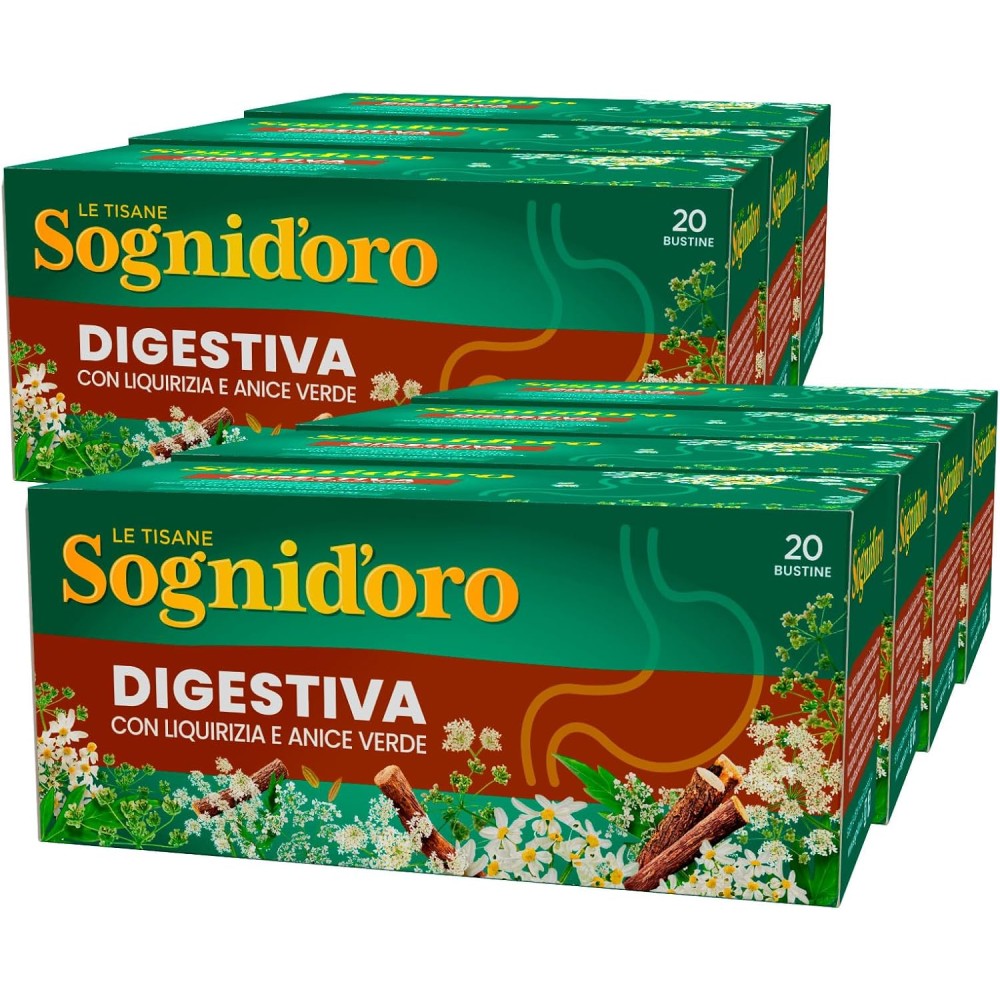 Sognid'oro Tisana Digestiva Infuso con Estratti Naturali di Liquirizia Anice Verde Menta Camomilla - 7 Confezioni da 20 Filtri
