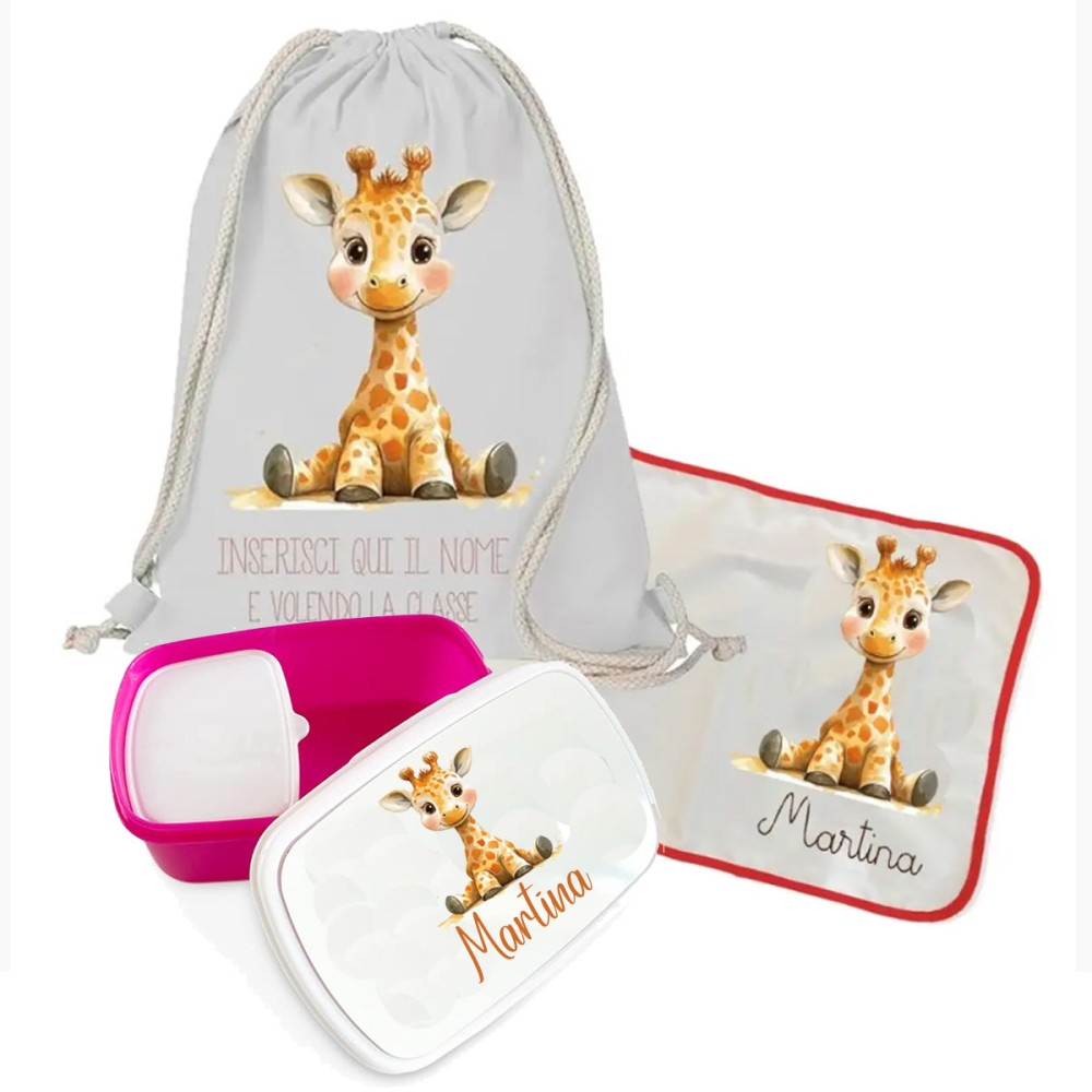 Sacca Zaino cotone Giraffa + tovaglietta americana + portamerenda personalizzabili