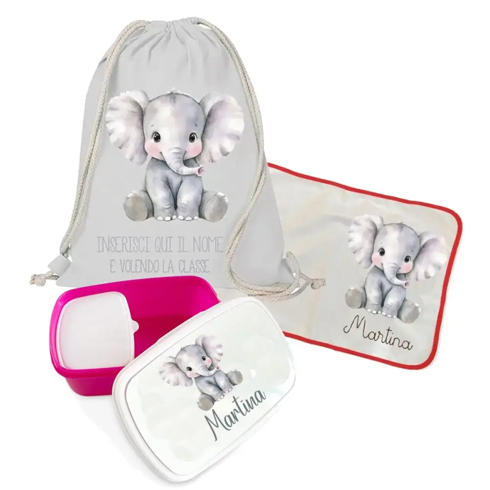 Sacca Zaino cotone Elefante + tovaglietta americana + portamerenda personalizzabili